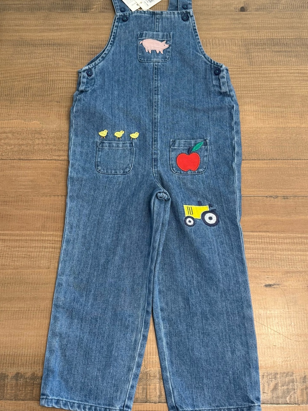 Mini Boden Blue Denim Overalls with Farm Patches - 2/3Y